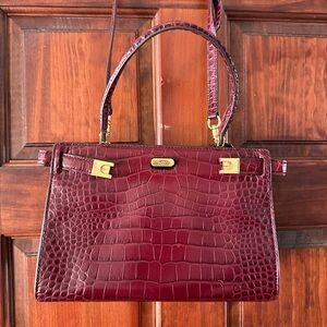 Tory Burch LEE RADZIWILL PETITE BAG Elegant Burgundy Crocodile-Embossed Handbag